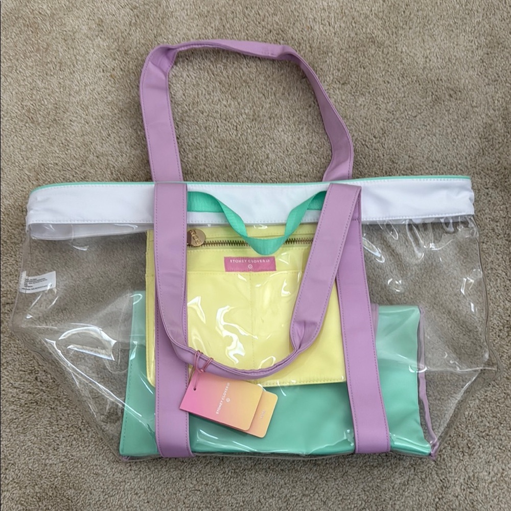 NWT Stoney Clover Lane White and Purple Tote Bag Transparent Design